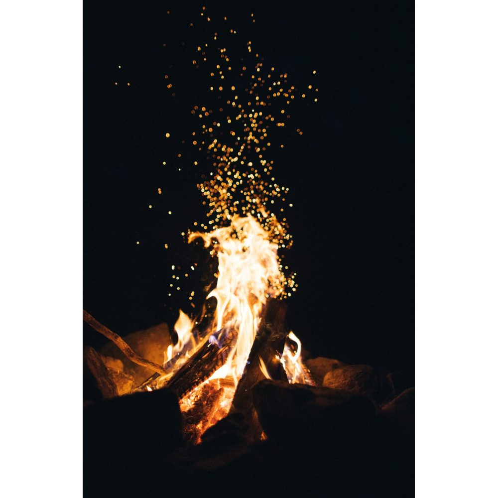 Stainless smokeless fire pit burning in a garden